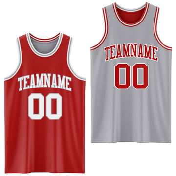 Custom Red White-Gray Reversible Double Side Basketball Jersey