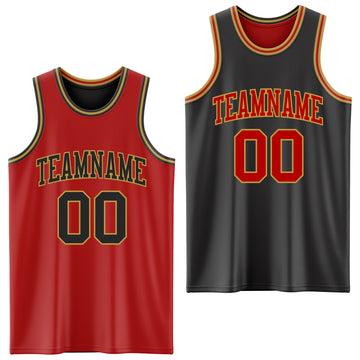 Custom Red Black-Old Gold Reversible Double Side Basketball Jersey