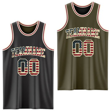 Custom Reversible Black Vintage USA Flag Cream-Maroon Double Side Basketball Jersey