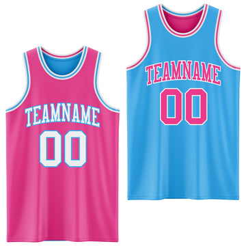 Custom Reversible Pink White-Sky Blue Double Side Basketball Jersey