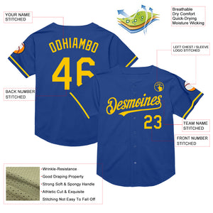 Custom Royal Yellow Mesh Authentic Throwback Baseball Jersey