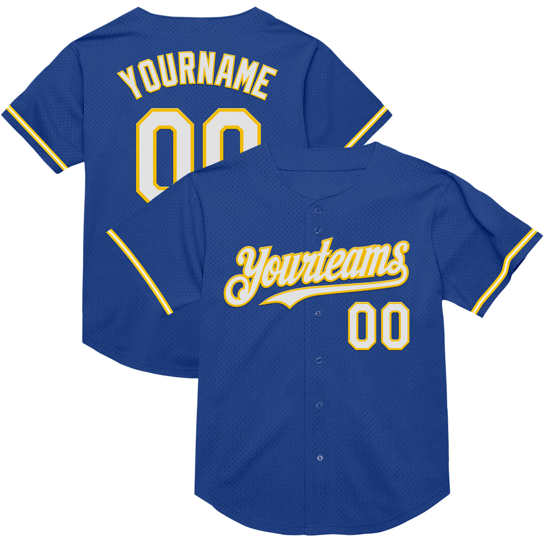 Custom Royal White-Yellow Mesh Authentic Throwback Baseball Jersey