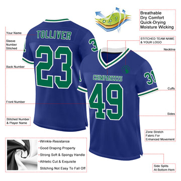 Custom Royal Kelly Green-White Mesh Authentic Throwback Football Jersey