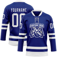 Load image into Gallery viewer, Custom Royal White Hockey Lace Neck Jersey
