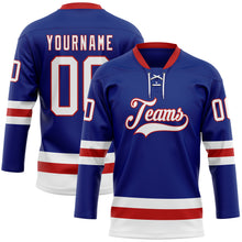 Load image into Gallery viewer, Custom Royal White-Red Hockey Lace Neck Jersey
