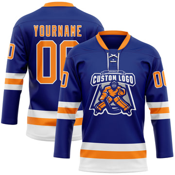 Custom Royal Bay Orange-White Hockey Lace Neck Jersey