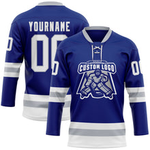 Load image into Gallery viewer, Custom Royal White-Gray Hockey Lace Neck Jersey
