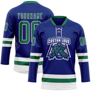 Custom Royal Kelly Green-White Hockey Lace Neck Jersey