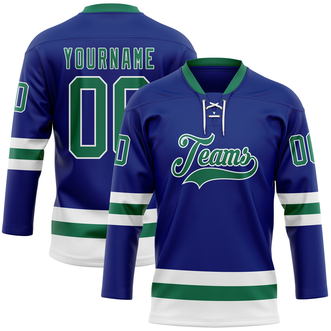 Custom Royal Kelly Green-White Hockey Lace Neck Jersey