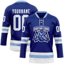 Load image into Gallery viewer, Custom Royal White-Light Blue Hockey Lace Neck Jersey
