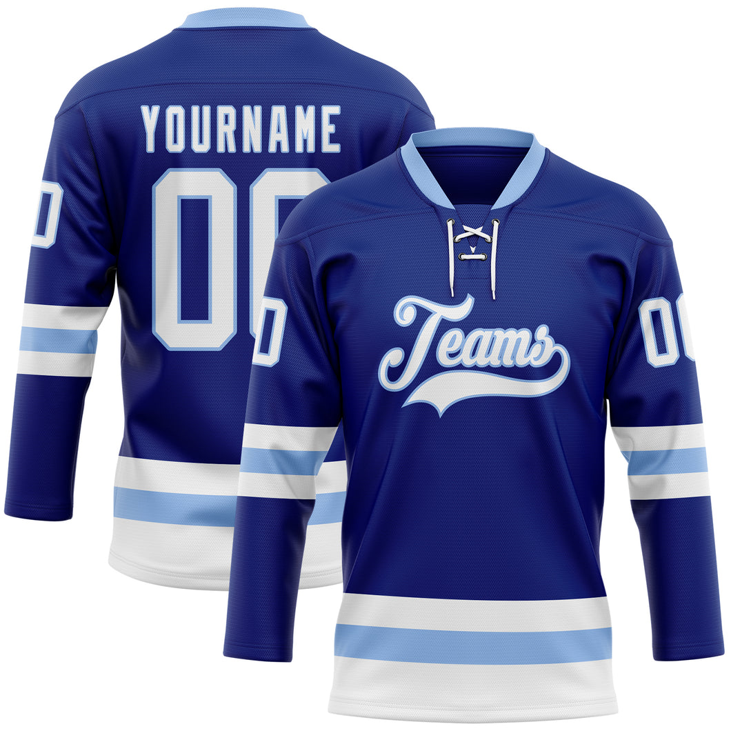 Custom Royal White-Light Blue Hockey Lace Neck Jersey