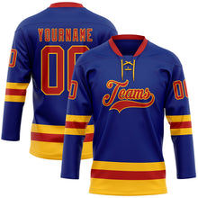 Load image into Gallery viewer, Custom Royal Red-Gold Hockey Lace Neck Jersey
