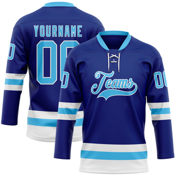 Custom Royal Sky Blue-White Hockey Lace Neck Jersey