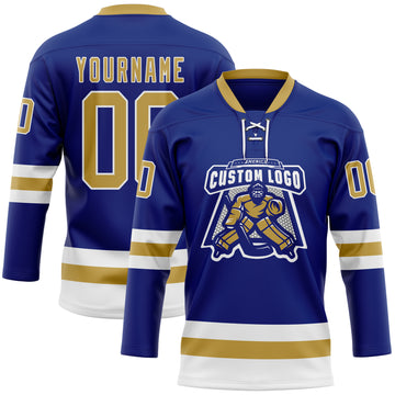 Custom Royal Old Gold-White Hockey Lace Neck Jersey