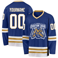 Load image into Gallery viewer, Custom Royal White-Old Gold Hockey Jersey
