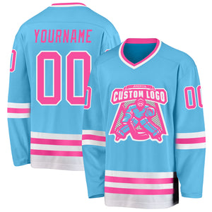 Custom Sky Blue Pink-White Hockey Jersey