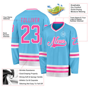 Custom Sky Blue Pink-White Hockey Jersey