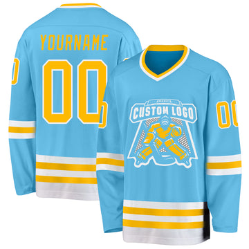 Custom Sky Blue Gold-White Hockey Jersey