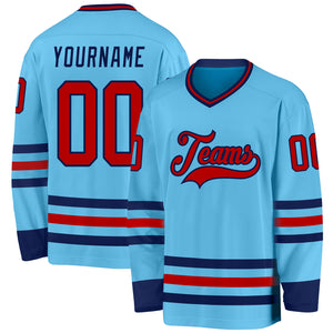 Custom Sky Blue Red-Navy Hockey Jersey