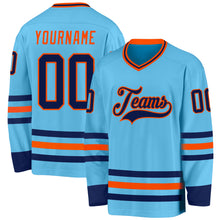 Load image into Gallery viewer, Custom Sky Blue Navy-Orange Hockey Jersey
