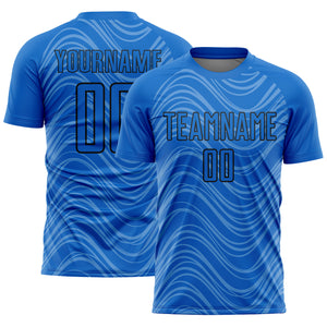 Custom Sky Blue Black Wavy Lines Sublimation Soccer Uniform Jersey