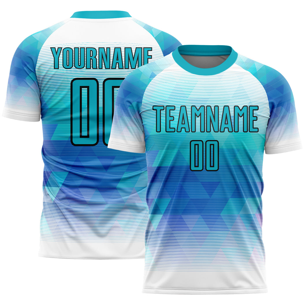 Custom Teal White Geometric Triangle Sublimation Soccer Uniform Jersey