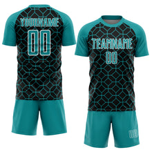 Load image into Gallery viewer, Custom Black Teal-White Geometric Shapes Sublimation Soccer Uniform Jersey
