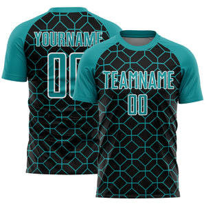 Custom Black Teal-White Geometric Shapes Sublimation Soccer Uniform Jersey