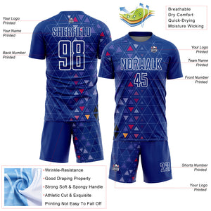 Custom Royal White Geometric Triangle Sublimation Soccer Uniform Jersey