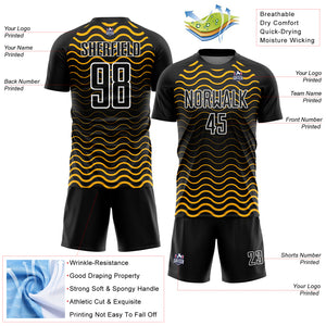 Custom Black Gold-White Geometric Lines Sublimation Soccer Uniform Jersey