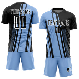 Custom Light Blue Black-White Lines Sublimation Soccer Uniform Jersey