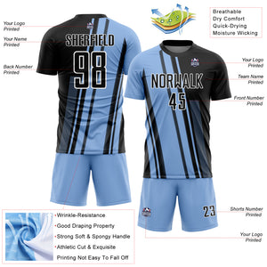 Custom Light Blue Black-White Lines Sublimation Soccer Uniform Jersey