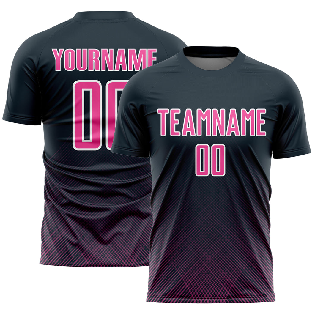 Custom Navy Pink-White Lines Sublimation Soccer Uniform Jersey