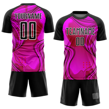 Custom Hot Pink Black-White Waves Sublimation Soccer Uniform Jersey
