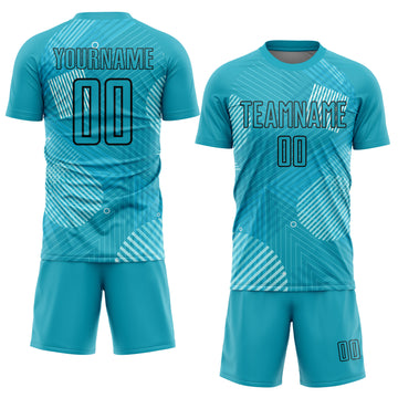 Custom Aqua Black Lines Sublimation Soccer Uniform Jersey