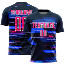 Load image into Gallery viewer, Custom Navy Pink-White Geometric Shapes Sublimation Soccer Uniform Jersey
