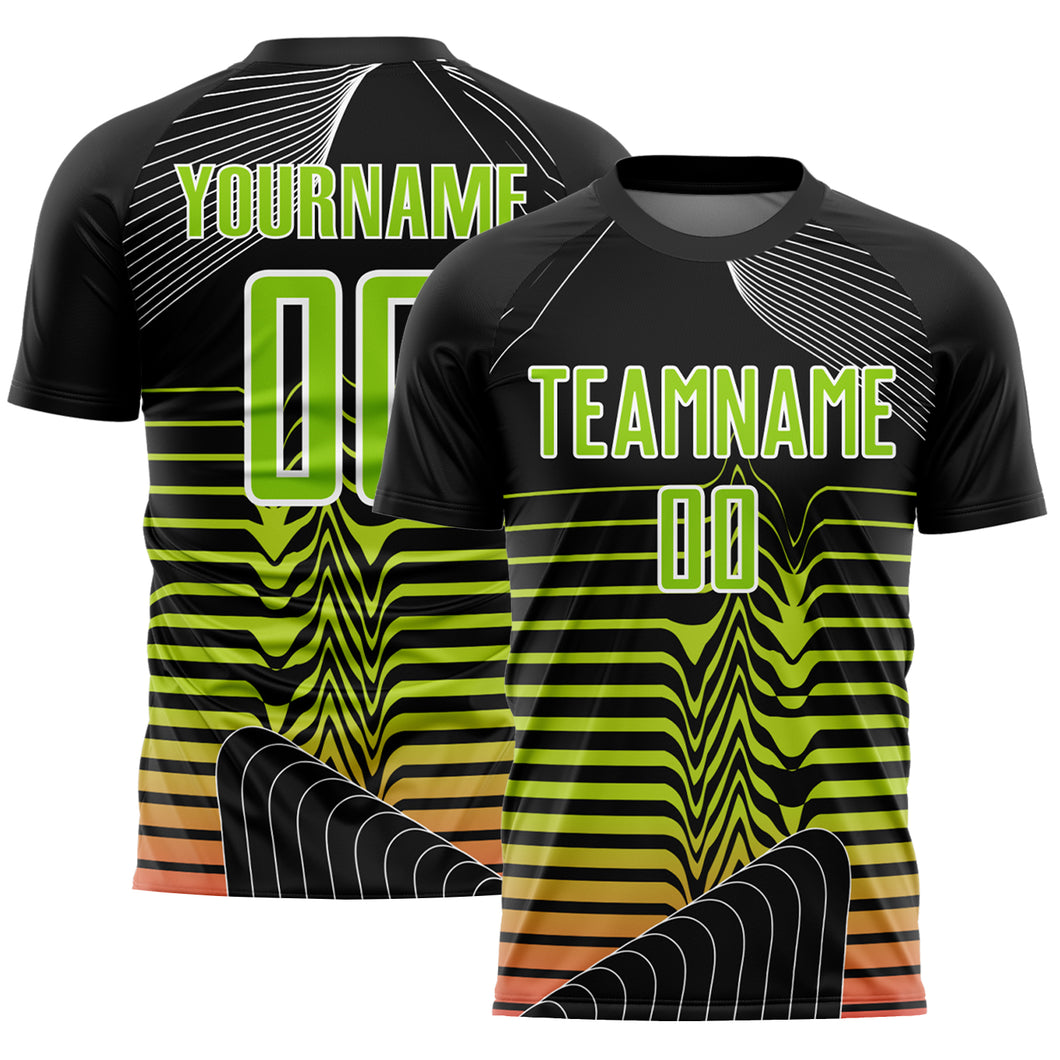 Custom Black Neon Green-White Lines Sublimation Soccer Uniform Jersey