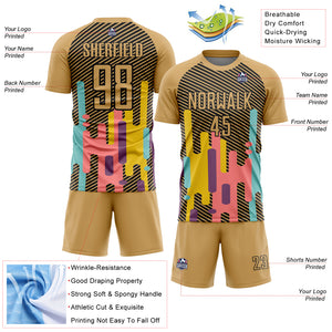 Custom Old Gold Black Lines Sublimation Soccer Uniform Jersey