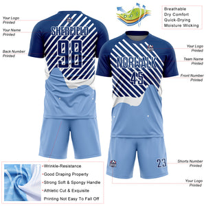 Custom Light Blue Royal-White Lines Sublimation Soccer Uniform Jersey