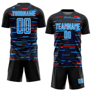 Custom Black Sky Blue-White Lines Sublimation Soccer Uniform Jersey