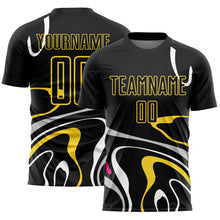 Load image into Gallery viewer, Custom Black Gold Fluid Shapes Sublimation Soccer Uniform Jersey
