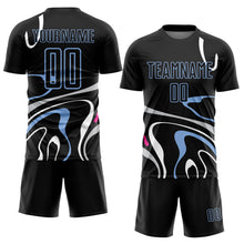 Load image into Gallery viewer, Custom Black Light Blue Fluid Shapes Sublimation Soccer Uniform Jersey
