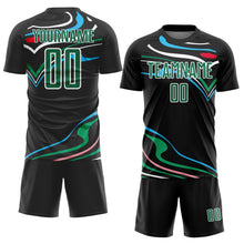 Load image into Gallery viewer, Custom Black Kelly Green-White Fluid Shapes Sublimation Soccer Uniform Jersey
