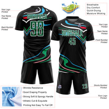 Load image into Gallery viewer, Custom Black Kelly Green-White Fluid Shapes Sublimation Soccer Uniform Jersey
