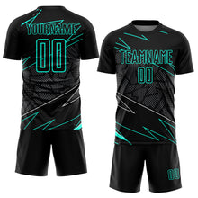 Load image into Gallery viewer, Custom Black Aqua Lines Sublimation Soccer Uniform Jersey
