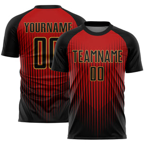 Custom Black Red-Old Gold Lines Sublimation Soccer Uniform Jersey