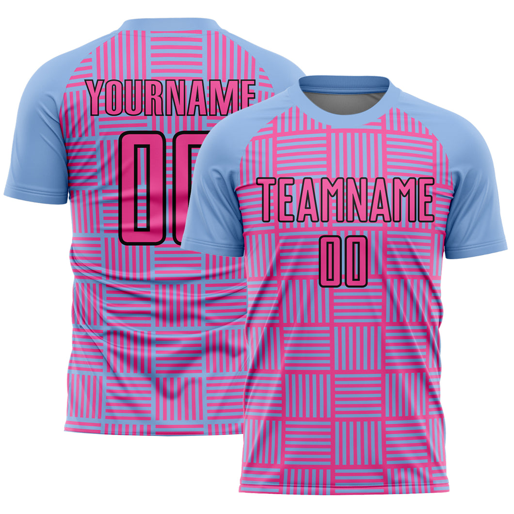 Custom Light Blue Pink-Black Lines Sublimation Soccer Uniform Jersey