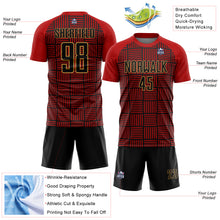 Load image into Gallery viewer, Custom Red Black-Old Gold Lines Sublimation Soccer Uniform Jersey
