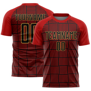 Custom Red Black-Old Gold Lines Sublimation Soccer Uniform Jersey