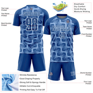 Custom Royal Light Blue-White Lines Sublimation Soccer Uniform Jersey